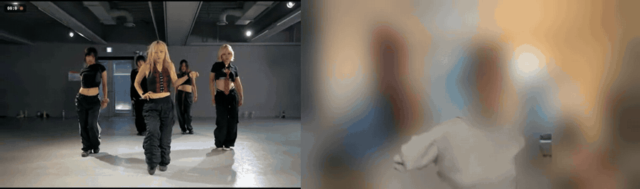 A LoopFlow practice recording with the reference dance on the left and my practice on the right, with my face and background blurred