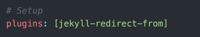 screenshot of the config.yml file: plugin: [jekyll-redirect-from]